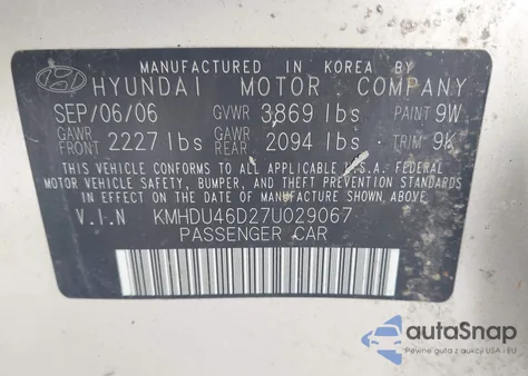 2007 Hyundai Elantra Gls/Limited/Se z USA, uszkodzony, nr VIN KMHDU46D27U029067